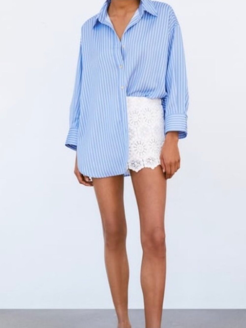 Zara Blue & White Striped Satin Effect Oversized Shirt Size Large NWOT
